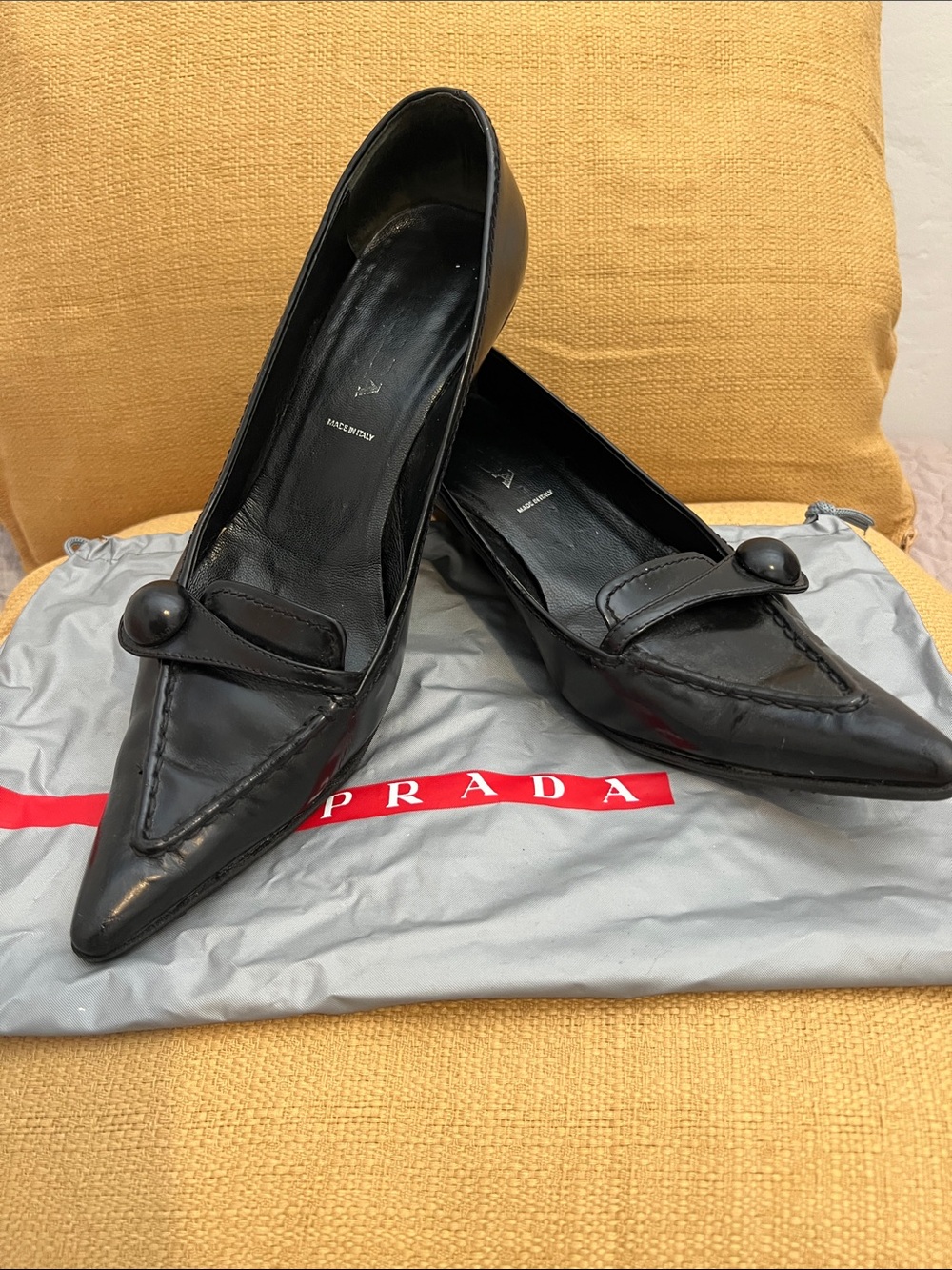 Prada Black Patent Pointed Toe Loafers with Button Accent